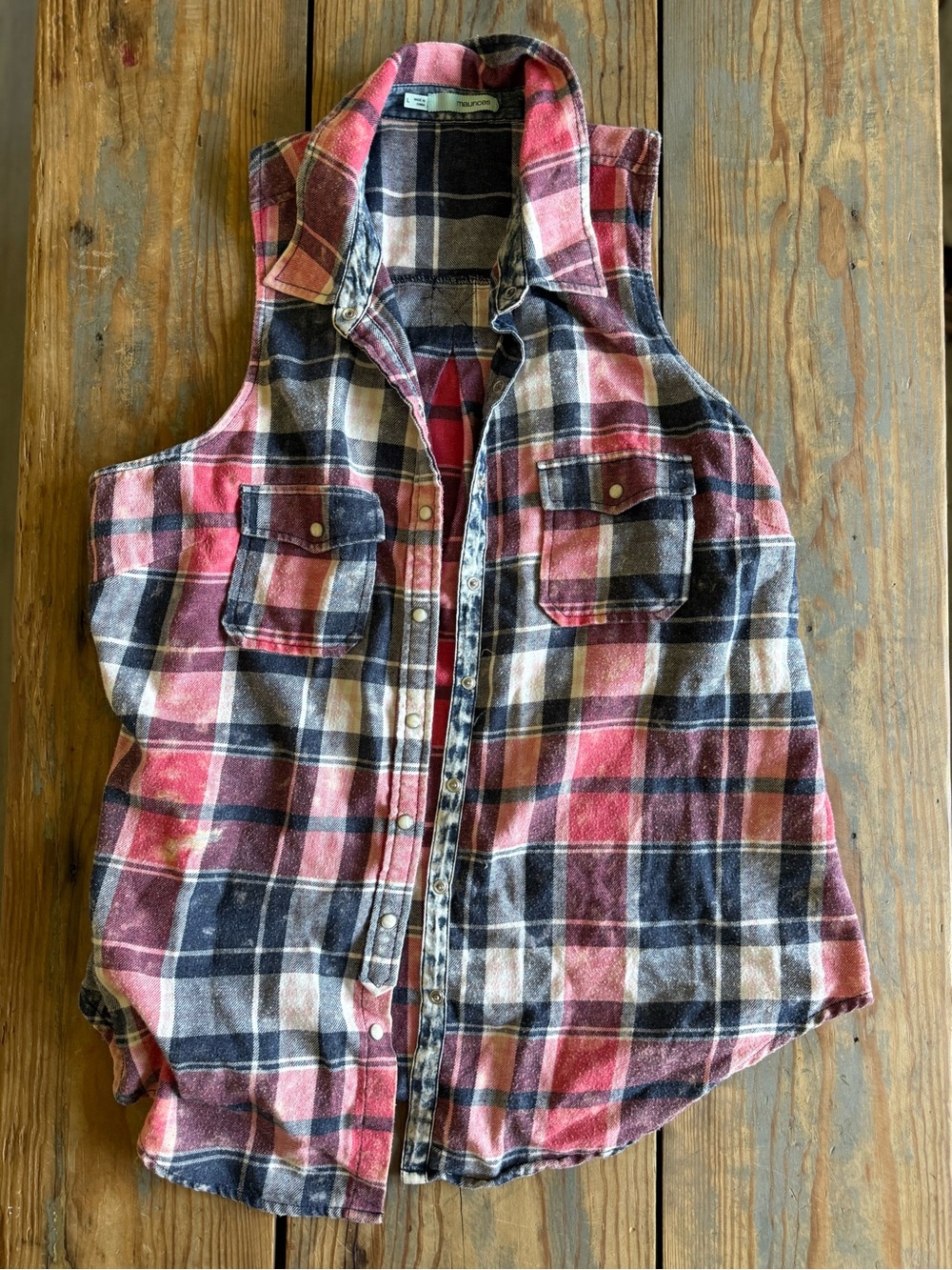Maurices Plaid Snap-Front Sleeveless Flannel Shirt - Pink/Black
